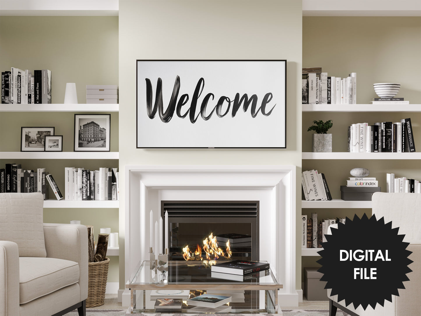 Frame TV Art, Welcome, Ink Calligraphy preview in modern living room