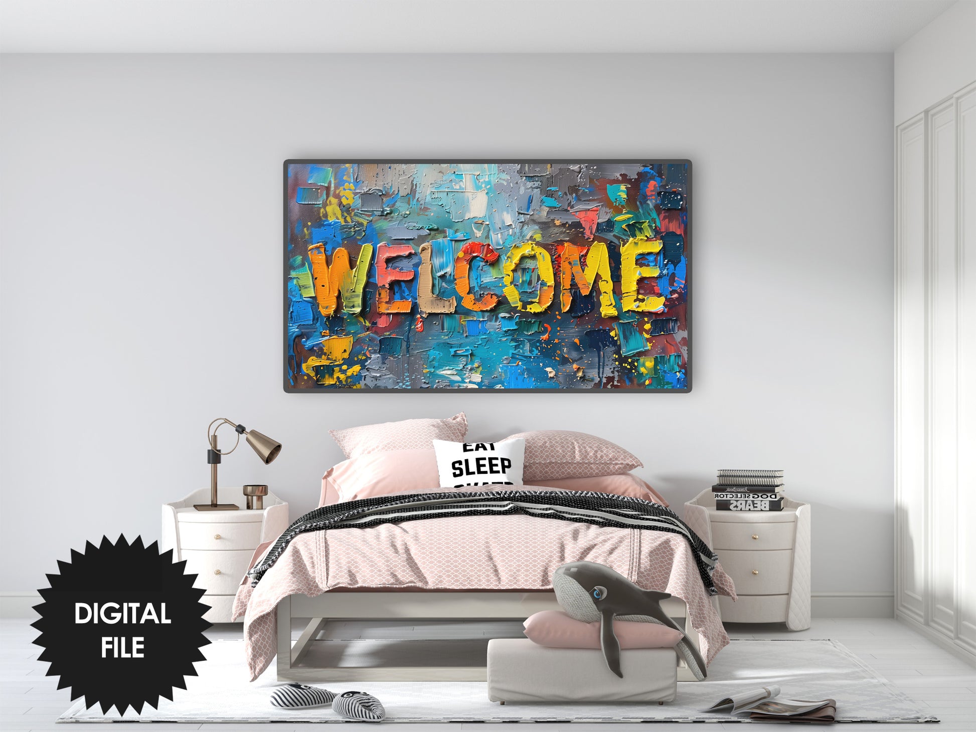 Frame TV Art, Welcome, Colorful Oil Painting, For Home Parties, New Guest or Tenant Greeting preview in kids or teen room
