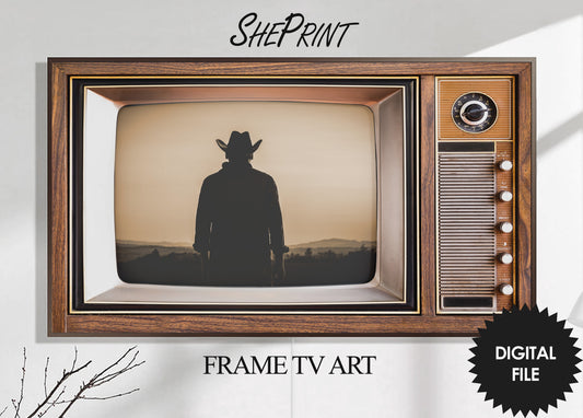 Samsung Frame TV Art Retro TV With Western Movie Scene, Cowboy Sunset, Antique Old Television Wooden Case, Digital TV Art, Instant Download