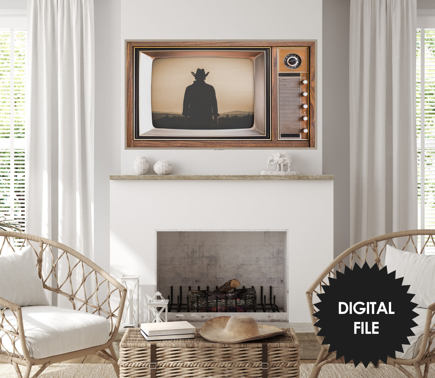 Samsung Frame TV Art Retro TV With Western Movie Scene, Cowboy Sunset, Antique Old Television Wooden Case, Digital TV Art, Instant Download