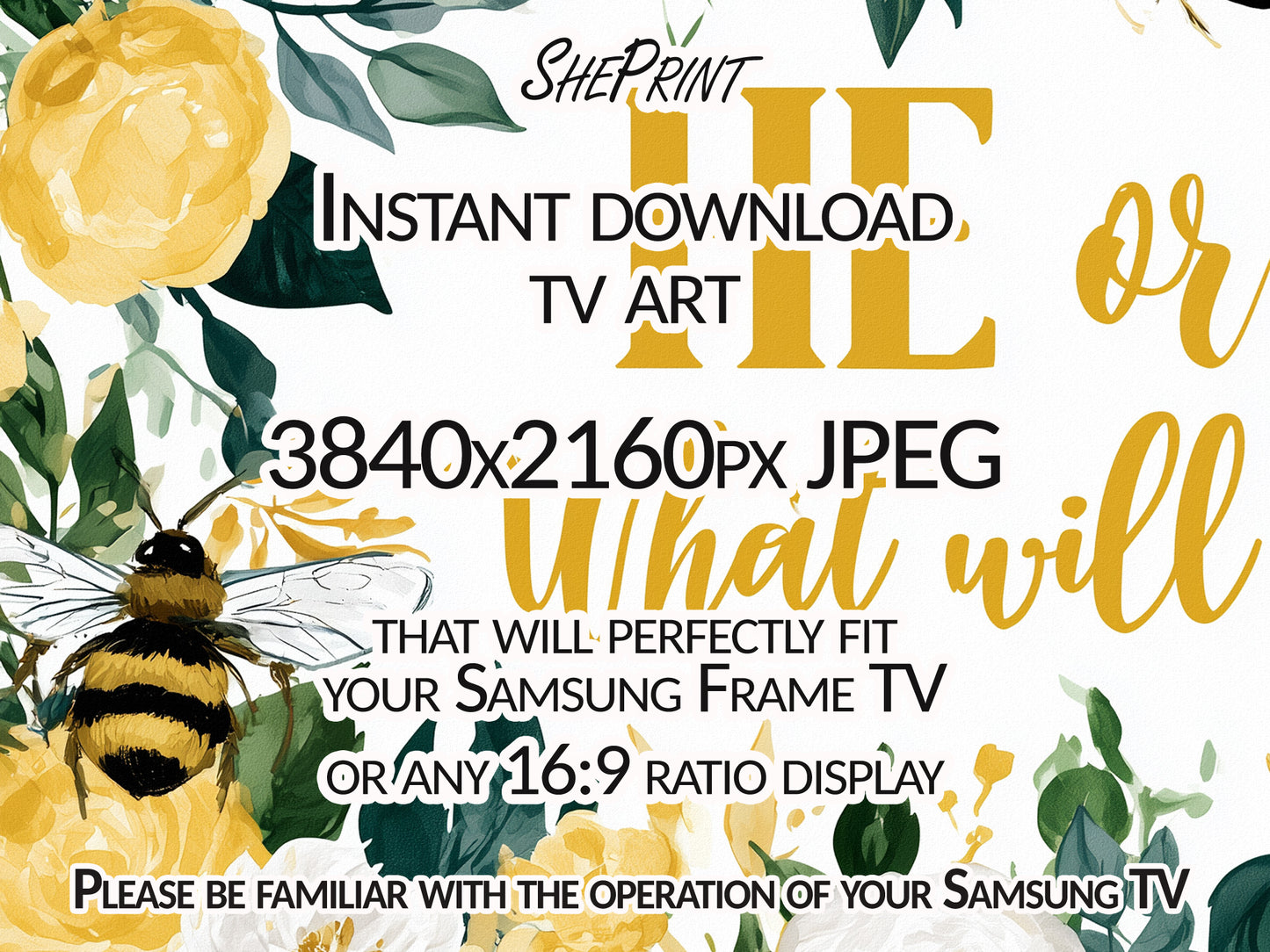 He or She What Will Baby Bee? Gender Reveal Baby Shower Party TV Backdrop | Digital Download close up view