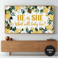 He or She What Will Baby Bee? Gender Reveal Baby Shower Party TV Backdrop | Digital Download preview on TV screen.