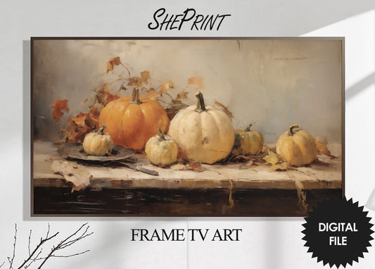 White And Orange Pumpkins Painting Frame TV Art, Thanksgiving TV Art, Instant Download