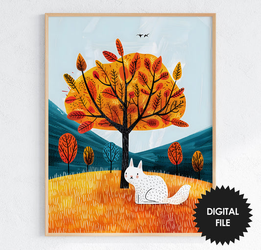 Fall Nursery Wall Art, White Cat Under Tree Print preview