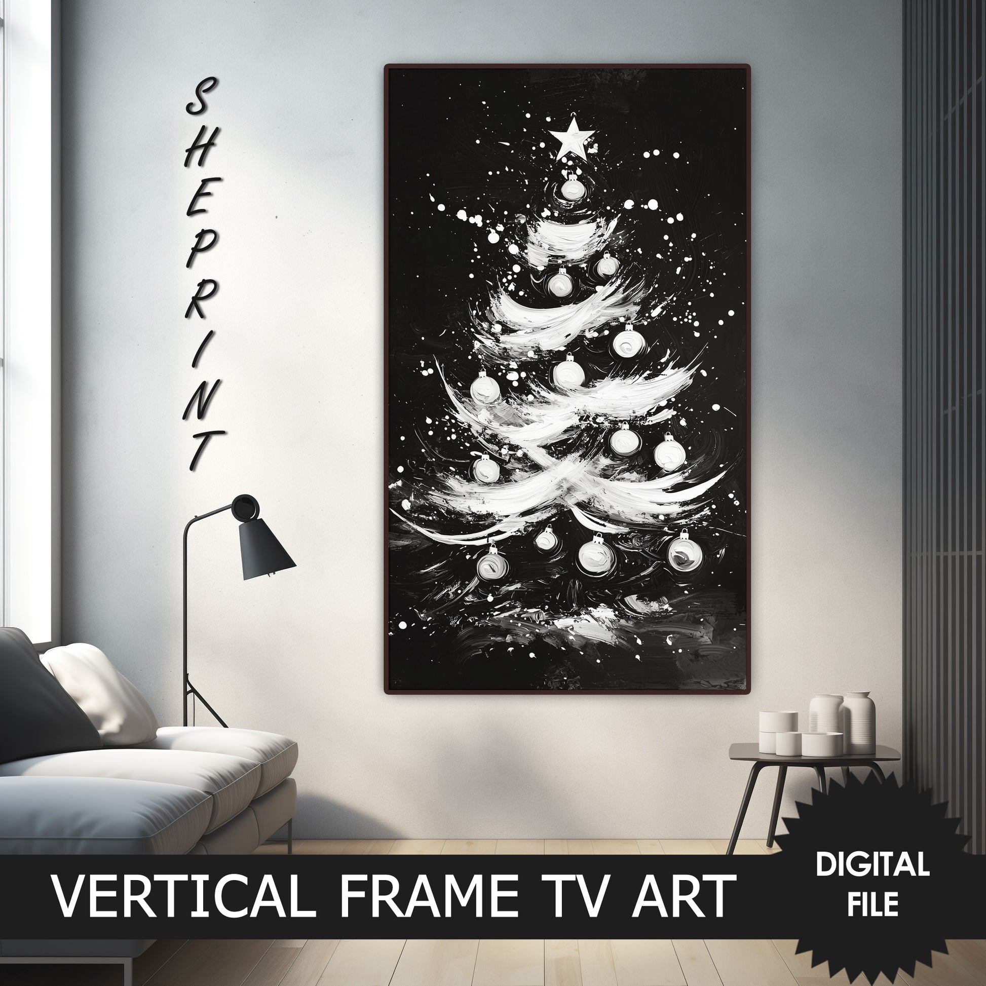 Samsung Vertical Frame TV Art, White Christmas Tree, Black and White Oil Painting preview on Samsung Frame TV when mounted vertically