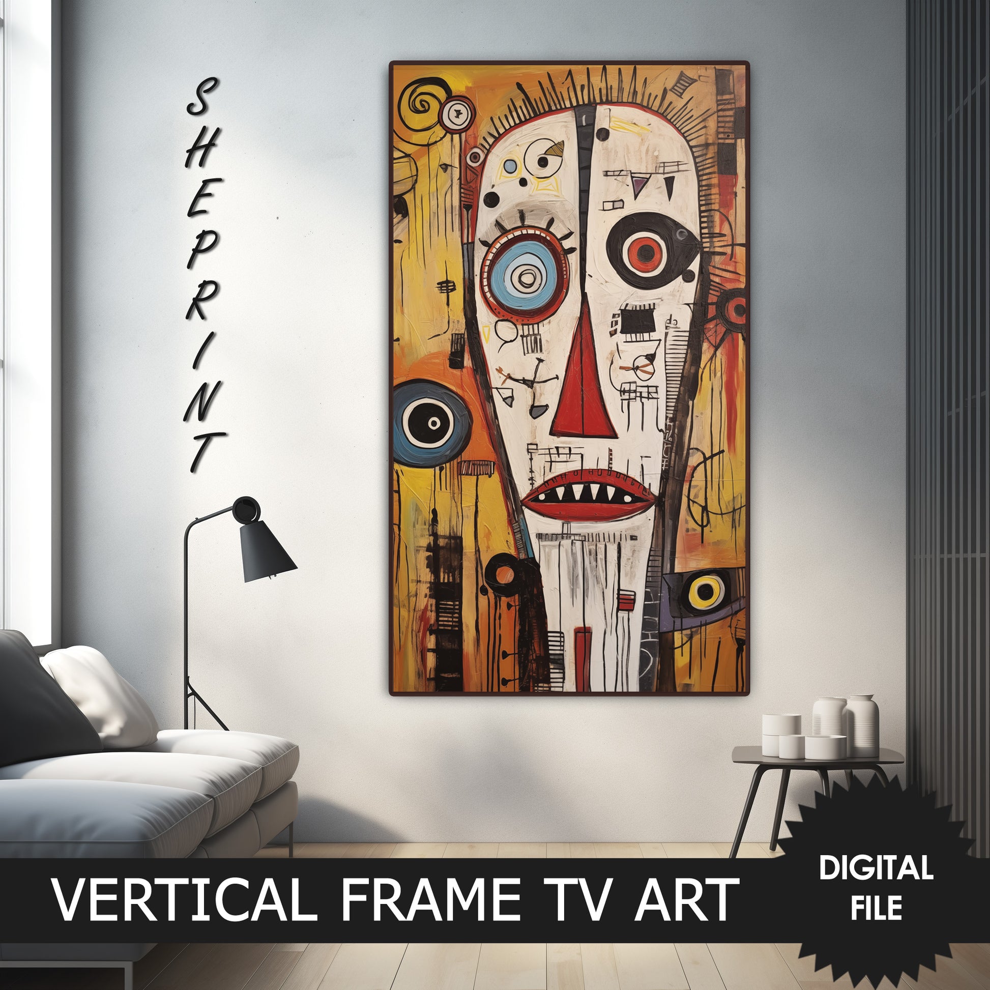 Vertical Frame TV Art, White Face Art Brut Oil Painting, Outsider Art preview on samsung Frame TV when mounted vertically