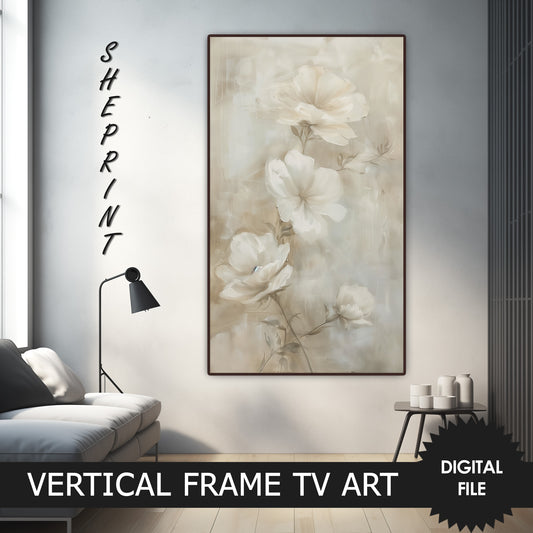 Vertical Frame TV Art, White Flowers Painting, Neutral Colors Floral Art preview on Samsung Frame TV when mounted vertically