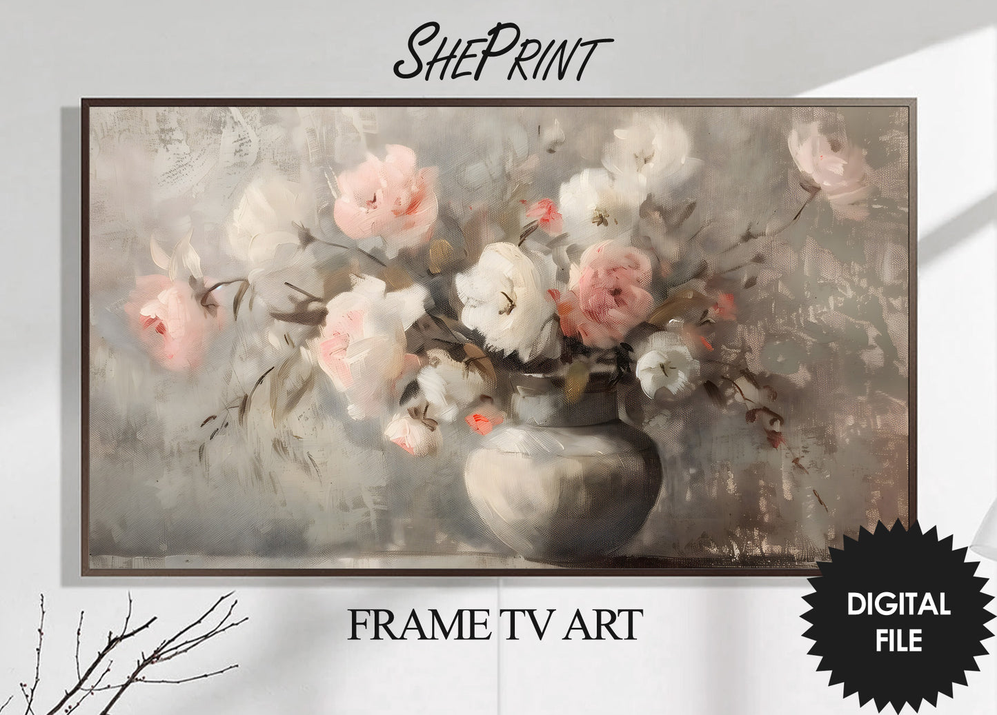 White Roses In Vase TV Art | Soft Colors Still Life Painting preview