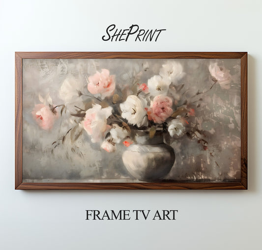 White Roses In Vase TV Art | Soft Colors Still Life Painting | 3840x2160 px JPEG | Digital TV Art | Instant Download