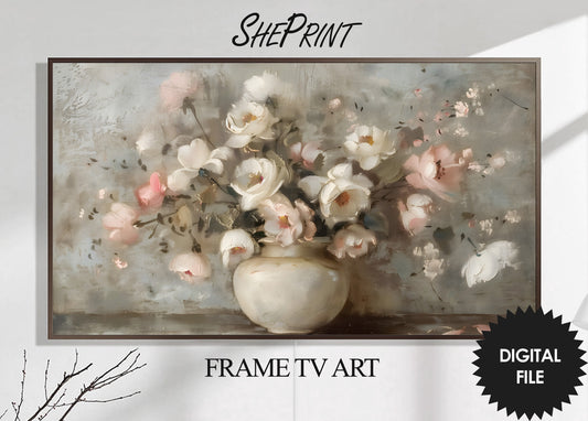 Frame TV Art, Wild Flowers In Vase Vintage Fine Art, Soft Colors Still Life Painting, 3840x2160 px JPEG Instant Download preview