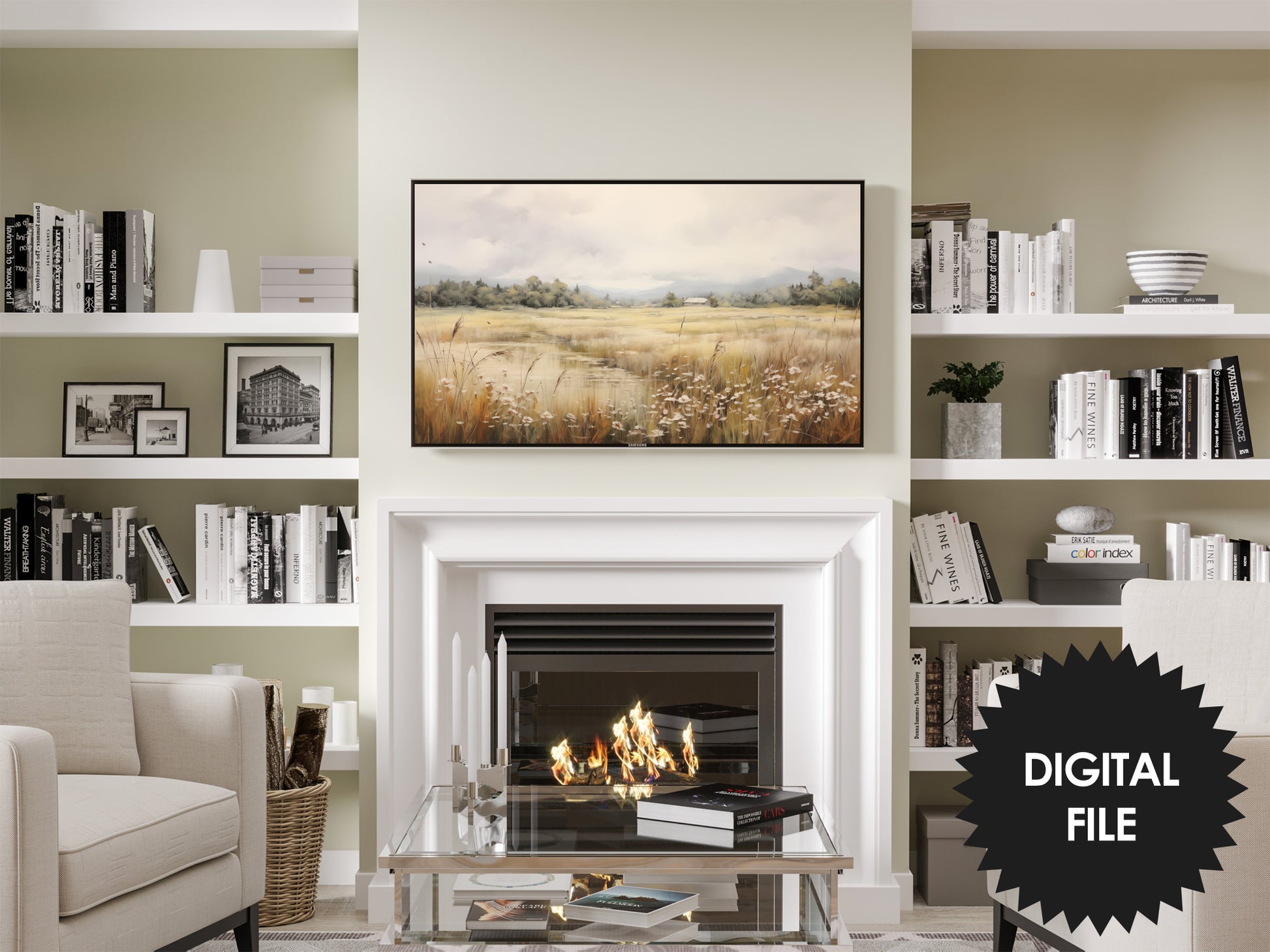 Samsung Frame TV Art Wildflower Meadow, Spring or Summer Floral Art preview in modern living room