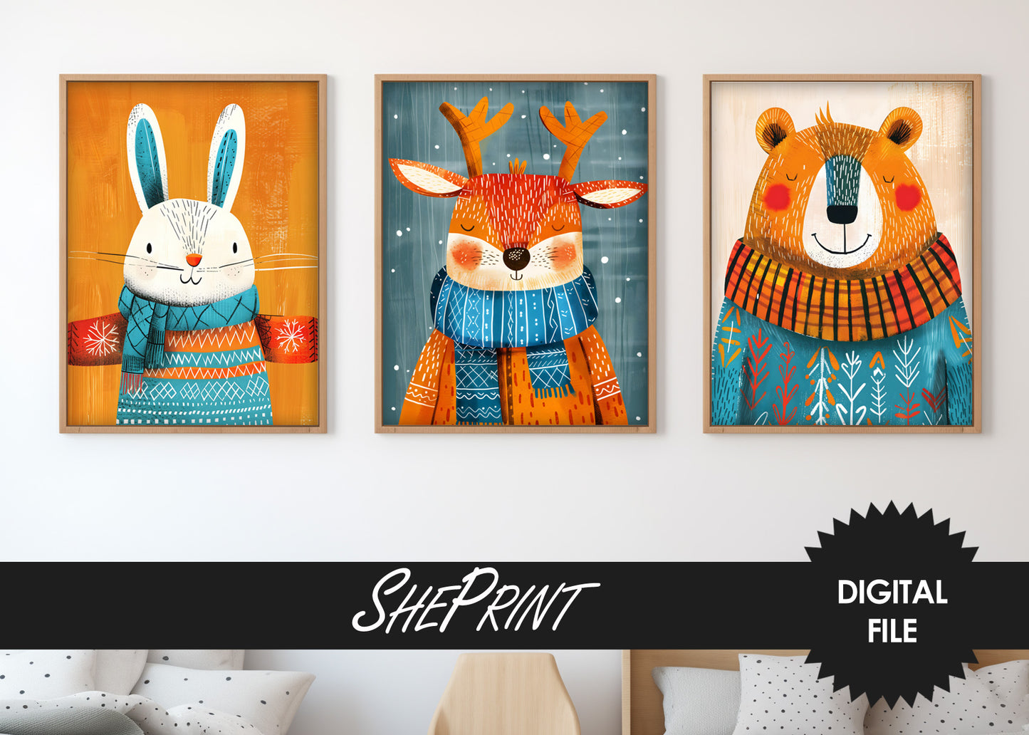 Printable Kids Room or Nursery Wall Art, Winter Animals Art, Set of 3 preview in kids room