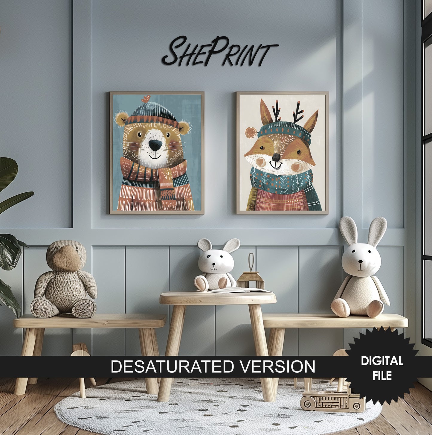 Nursery Wall Art, Winter Animals Kids Room Art, Bear and Fox Prints preview in Scandinavian Nursery