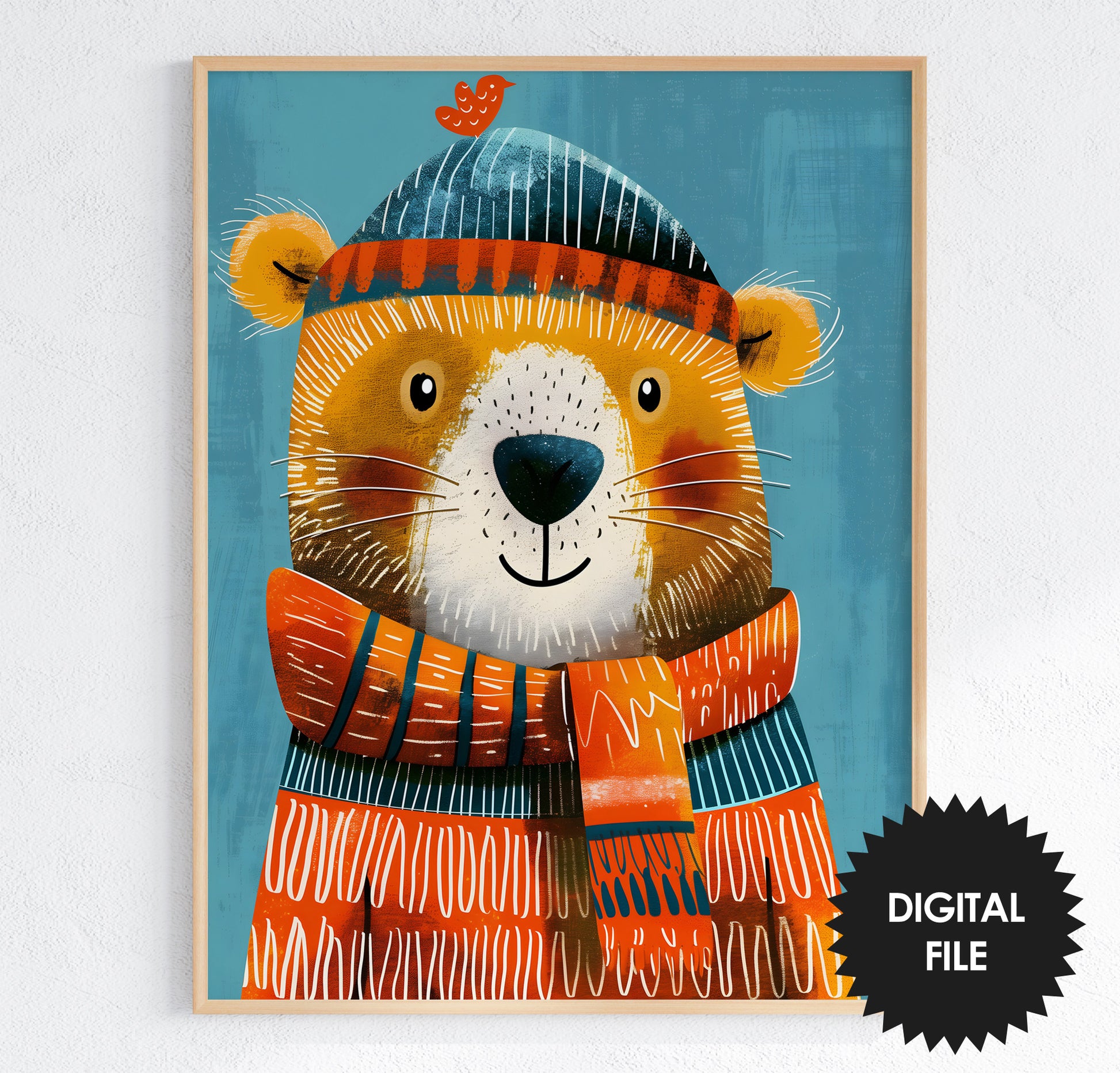 Nursery Wall Art, Winter Animals Kids Room Art, Bear print preview colorful