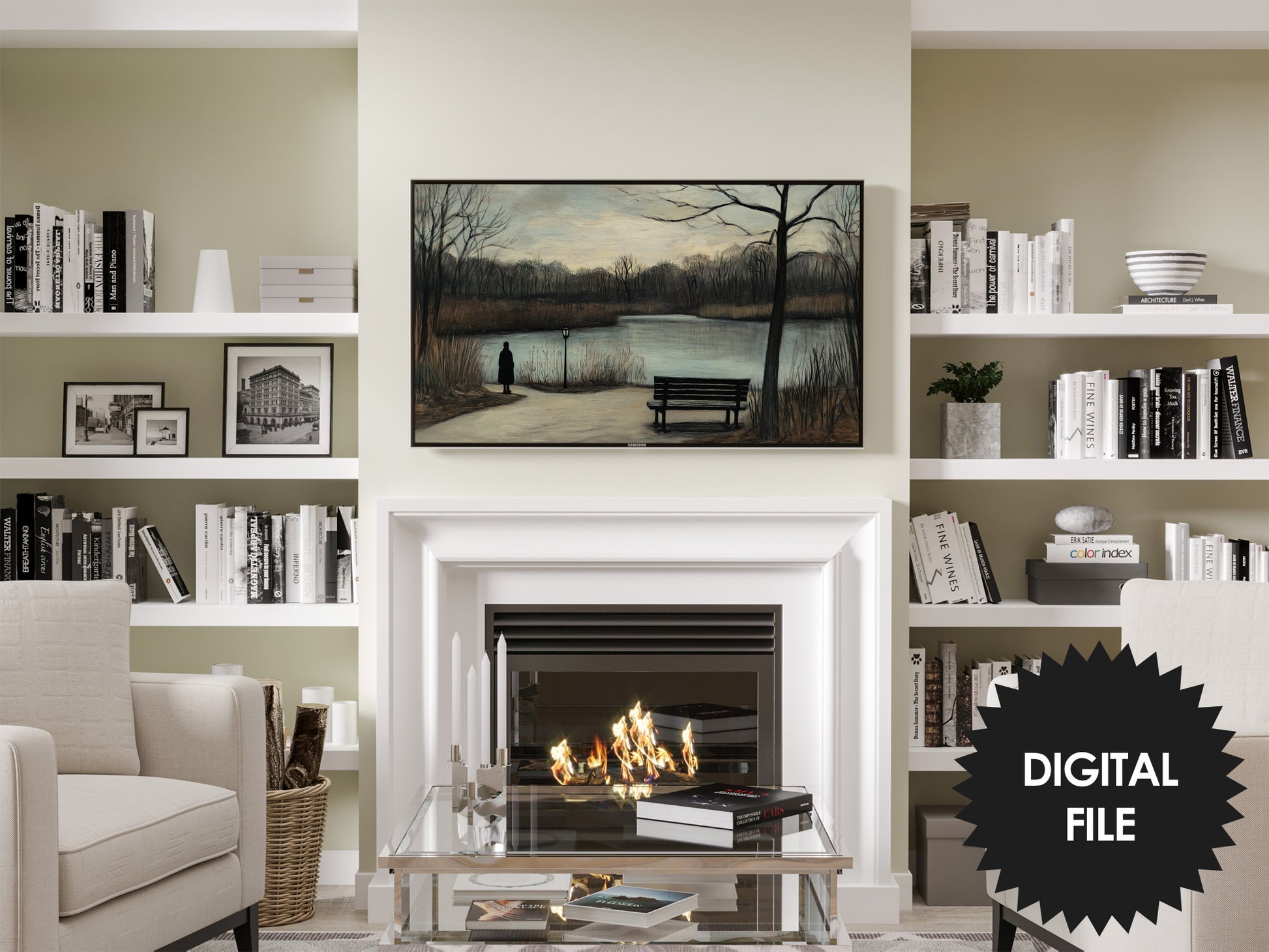 Winter By The Lake Frame TV Art | Oil Painting preview in modern living room