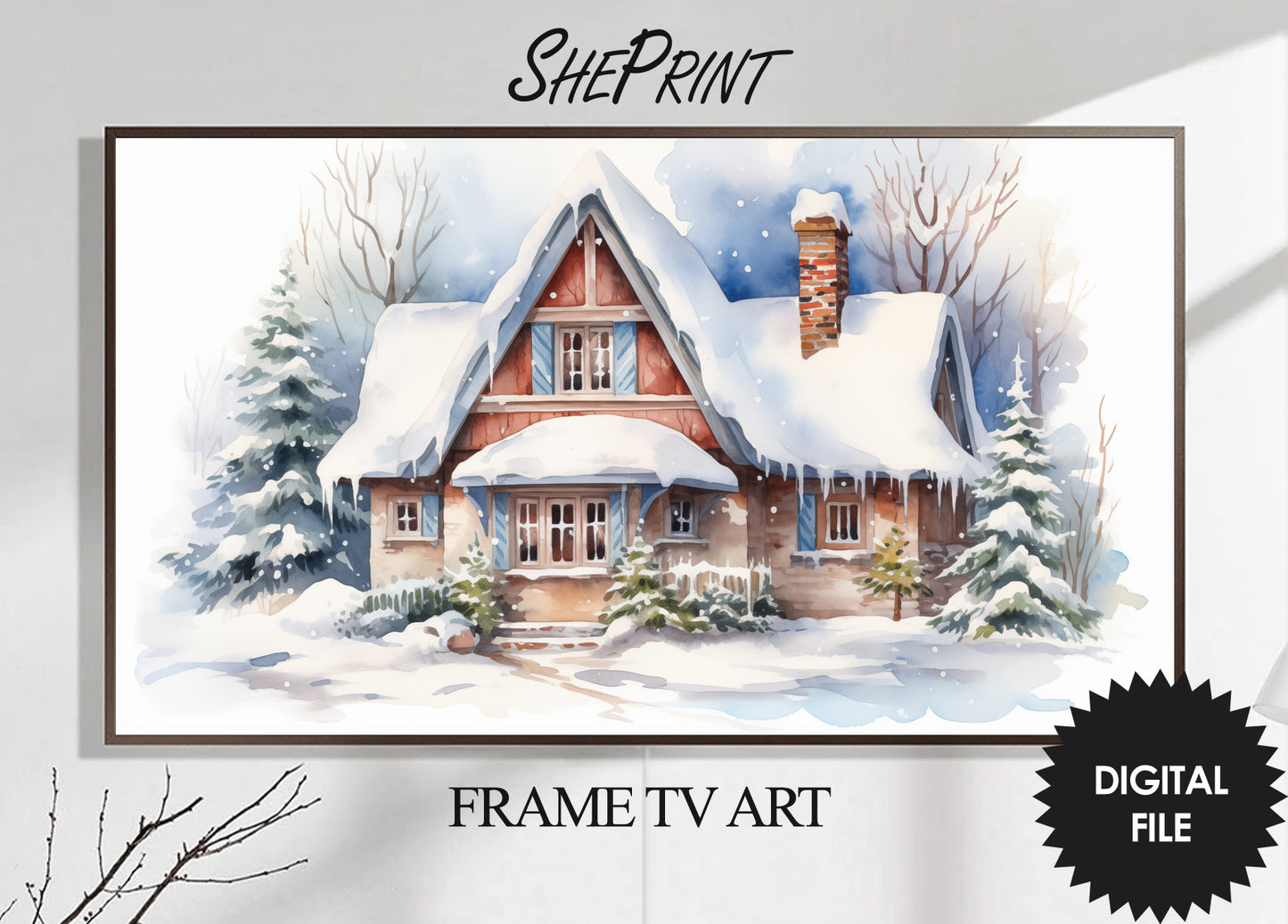 Christmas Frame TV Art | Cozy Winter Cottage | Digital TV Art | Digital Watercolor Painting | Instant Download JPEG