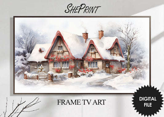 Christmas Frame TV Art | Rustic Winter Cottage | Digital TV Art | Digital Watercolor Painting | Instant Download JPEG