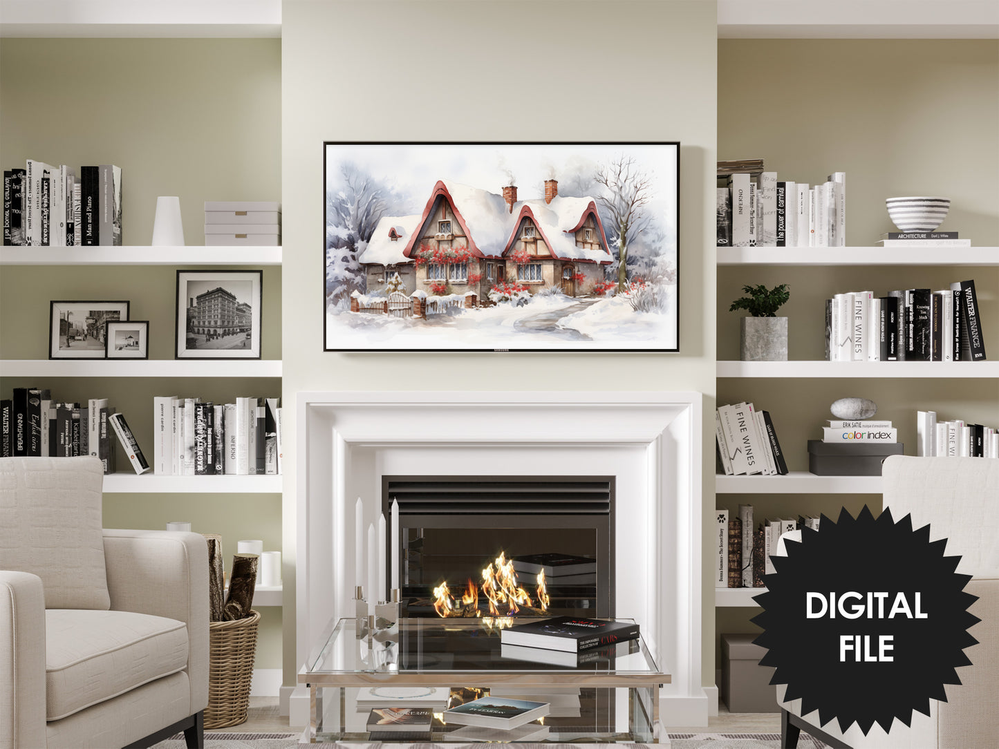 Christmas Frame TV Art | Rustic Winter Cottage | Digital TV Art | Digital Watercolor Painting | Instant Download JPEG