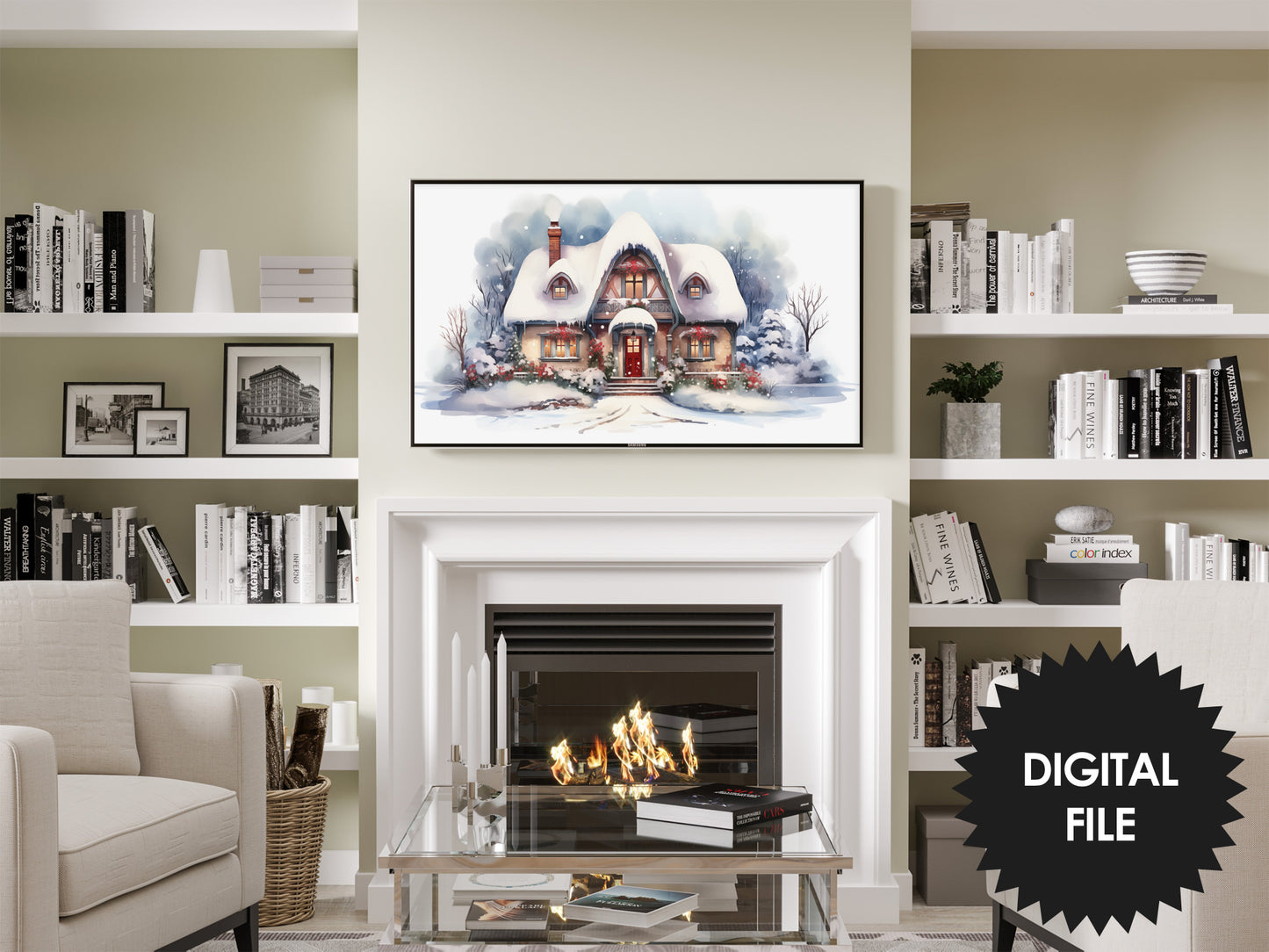 Christmas Frame TV Art | Joyful Winter Cottage | Digital TV Art | Digital Watercolor Painting | Instant Download JPEG