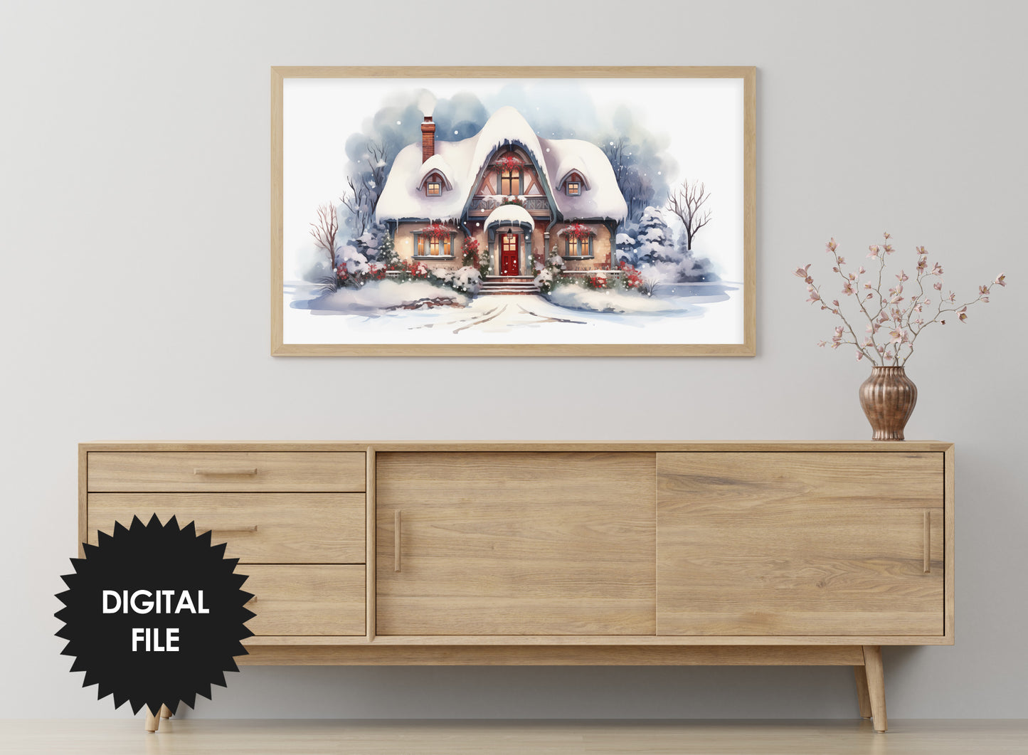 Christmas Frame TV Art | Joyful Winter Cottage | Digital TV Art | Digital Watercolor Painting | Instant Download JPEG