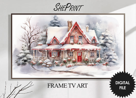 Christmas Frame TV Art | Jolly Winter Cottage | Digital TV Art | Digital Watercolor Painting | Instant Download JPEG