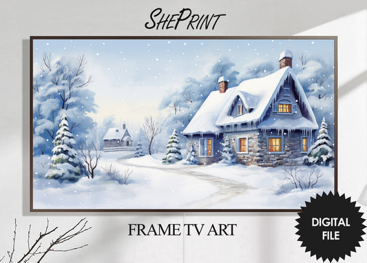 Christmas Frame TV Art | Stone Cottage In The Snow | Digital TV Art | Digital Watercolor Painting | Instant Download JPEG