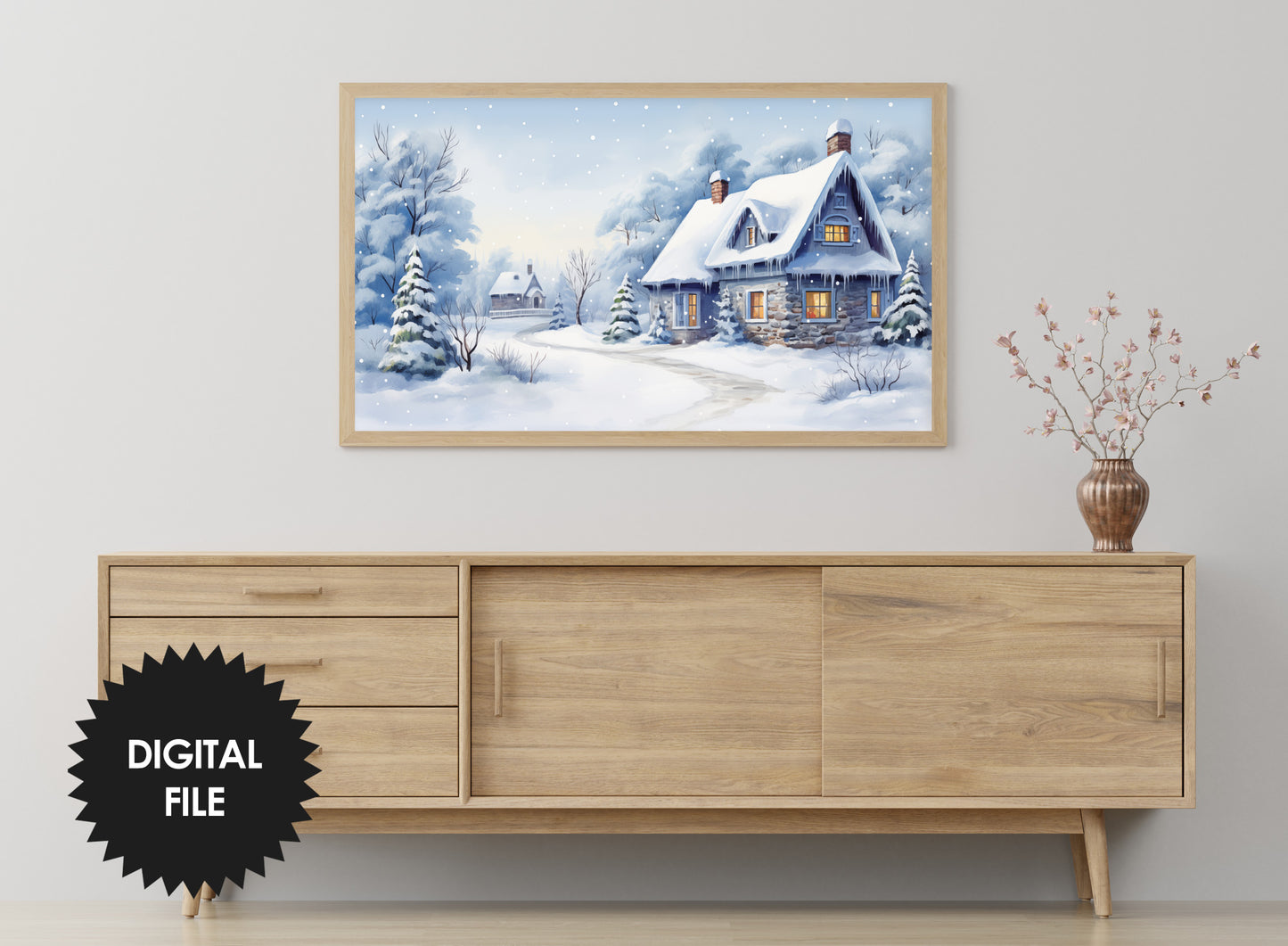 Christmas Frame TV Art | Stone Cottage In The Snow | Digital TV Art | Digital Watercolor Painting | Instant Download JPEG