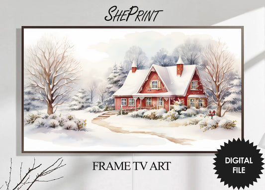 Christmas Frame TV Art | Delightful Red Winter Cottage | Digital TV Art | Digital Watercolor Painting | Instant Download JPEG