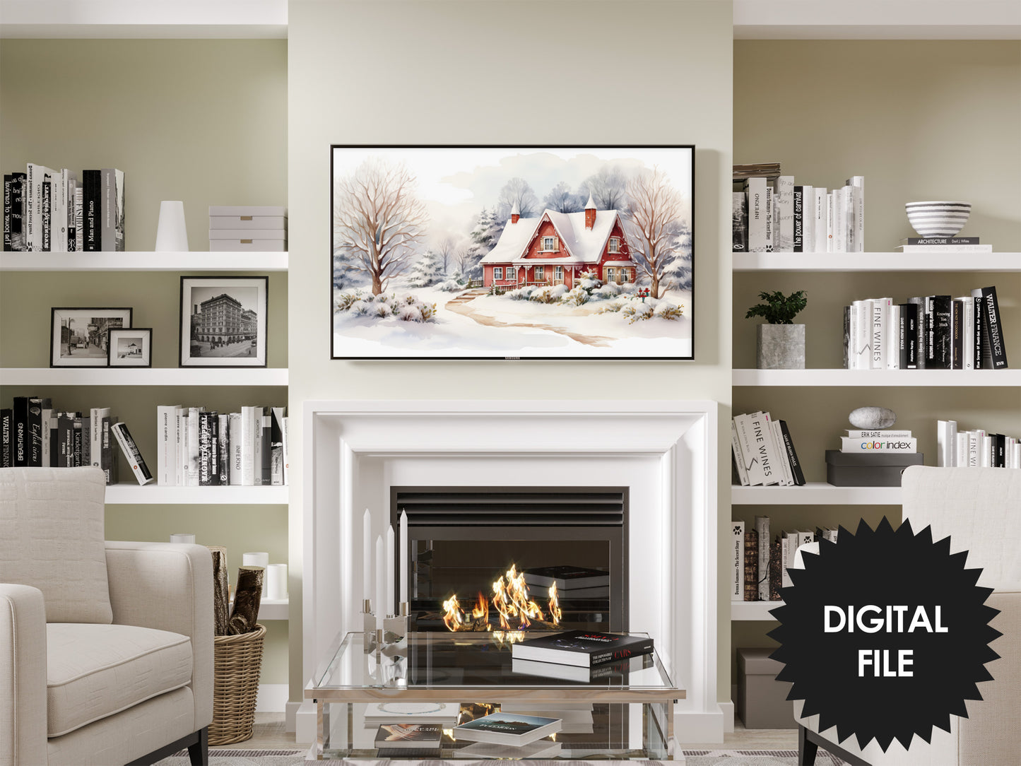 Christmas Frame TV Art | Delightful Red Winter Cottage | Digital TV Art | Digital Watercolor Painting | Instant Download JPEG
