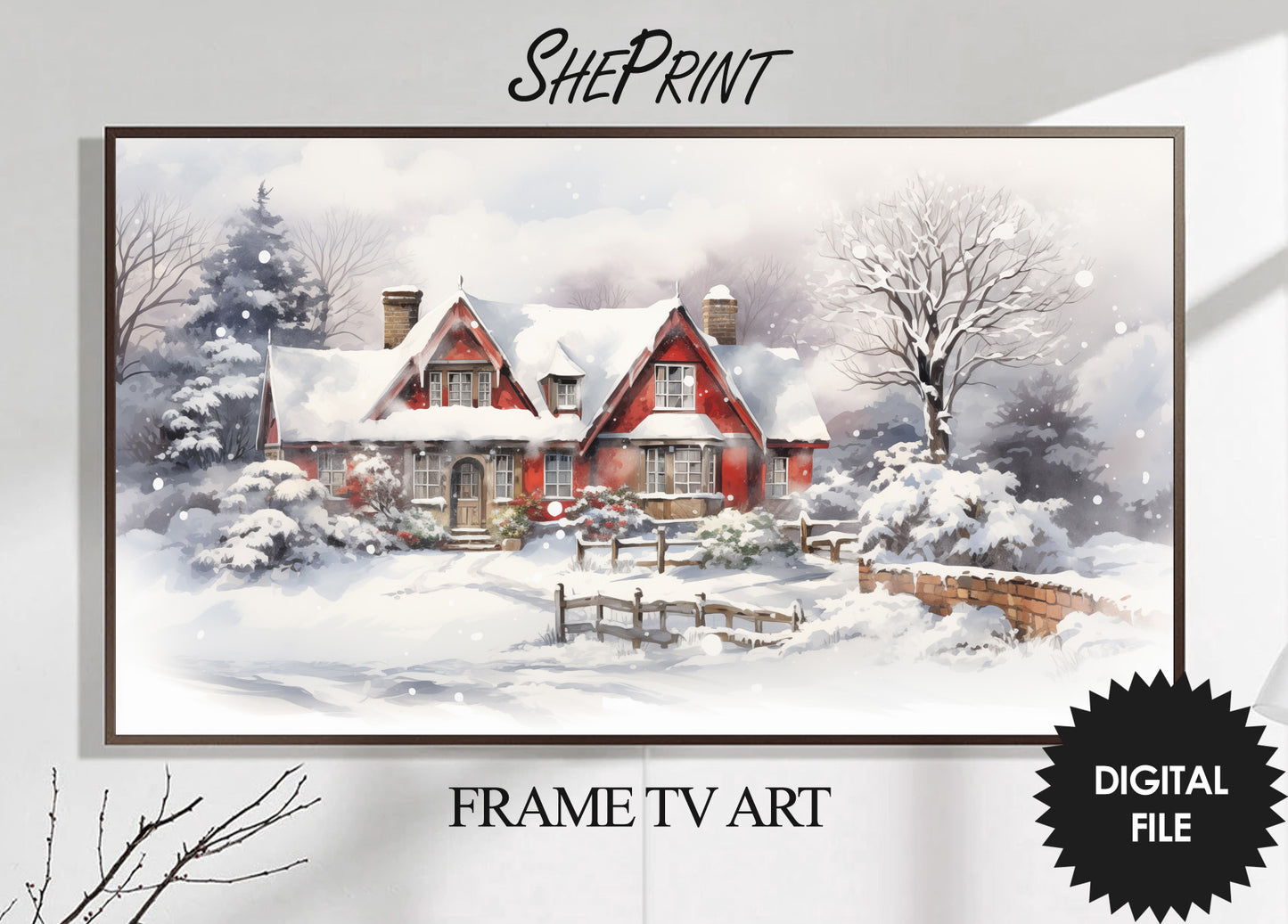 Christmas Frame TV Art | Christmas In Red Winter Cottage | Digital TV Art | Digital Watercolor Painting | Instant Download JPEG