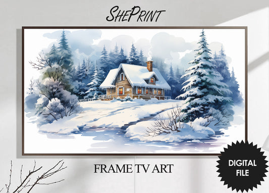 Christmas Frame TV Art | Warm Winter Cottage | Digital TV Art | Digital Watercolor Painting | Instant Download JPEG