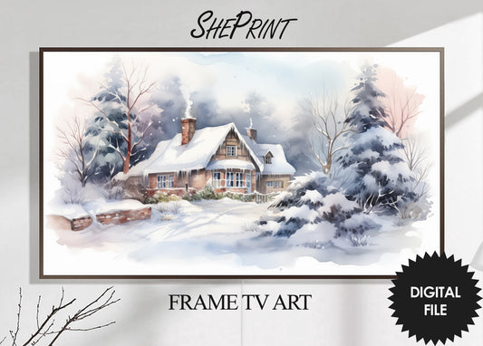 Christmas Frame TV Art | Winter Cottage In The Woods | Digital TV Art | Digital Watercolor Painting | Instant Download JPEG