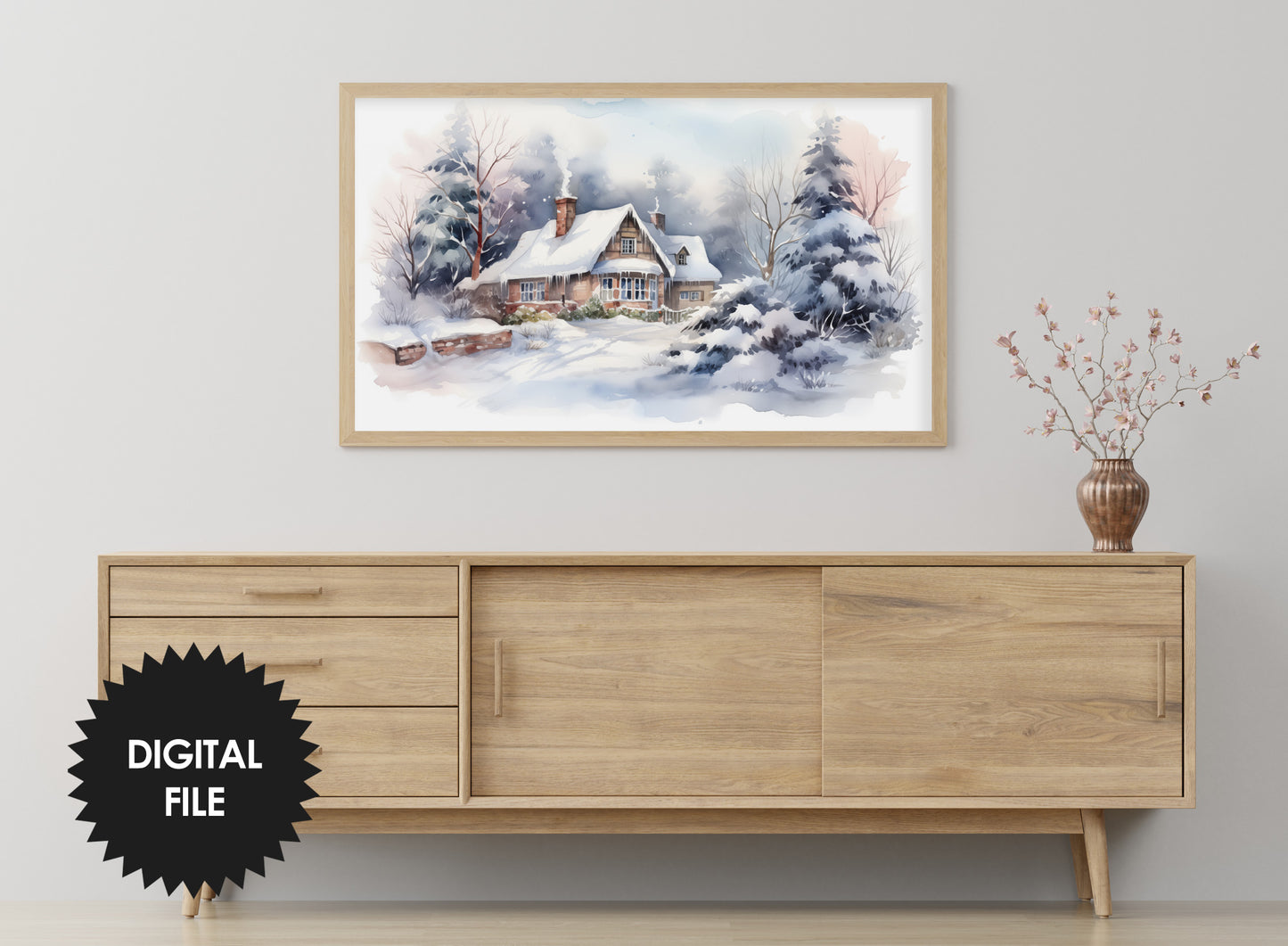 Christmas Frame TV Art | Winter Cottage In The Woods | Digital TV Art | Digital Watercolor Painting | Instant Download JPEG