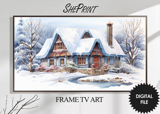 Christmas Frame TV Art | Pretty Winter Cottage | Digital TV Art | Digital Watercolor Painting | Instant Download JPEG