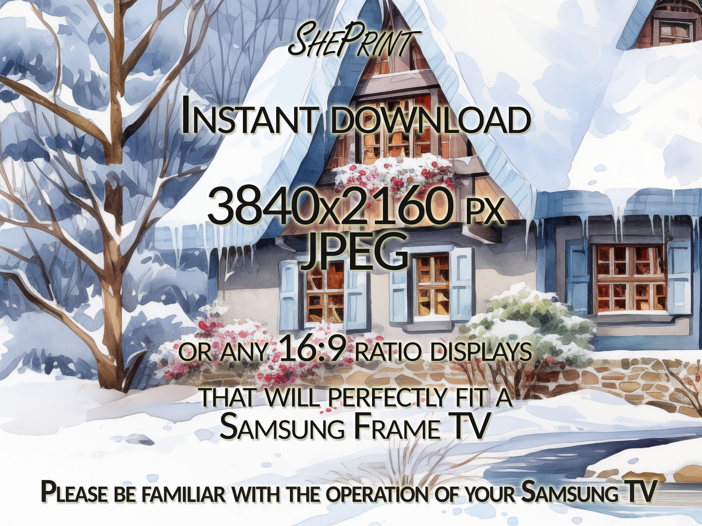 Christmas Frame TV Art | Pretty Winter Cottage | Digital TV Art | Digital Watercolor Painting | Instant Download JPEG