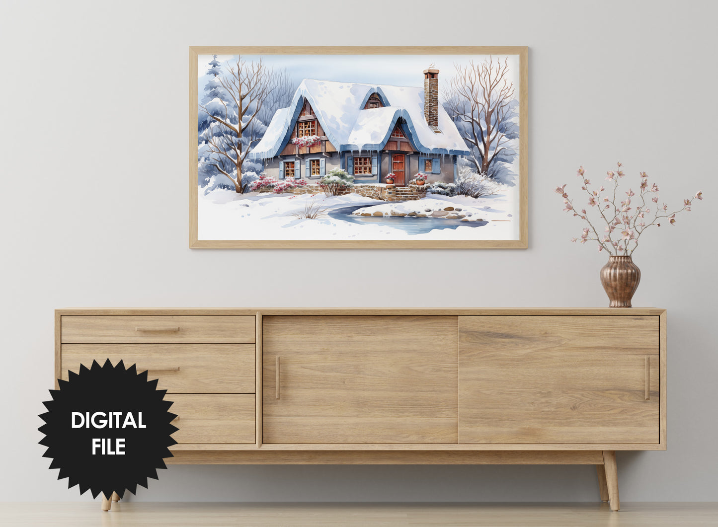 Christmas Frame TV Art | Pretty Winter Cottage | Digital TV Art | Digital Watercolor Painting | Instant Download JPEG