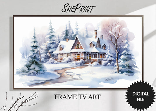 Christmas Frame TV Art | Winter Cottage On The Hill | Digital TV Art | Digital Watercolor Painting | Instant Download JPEG