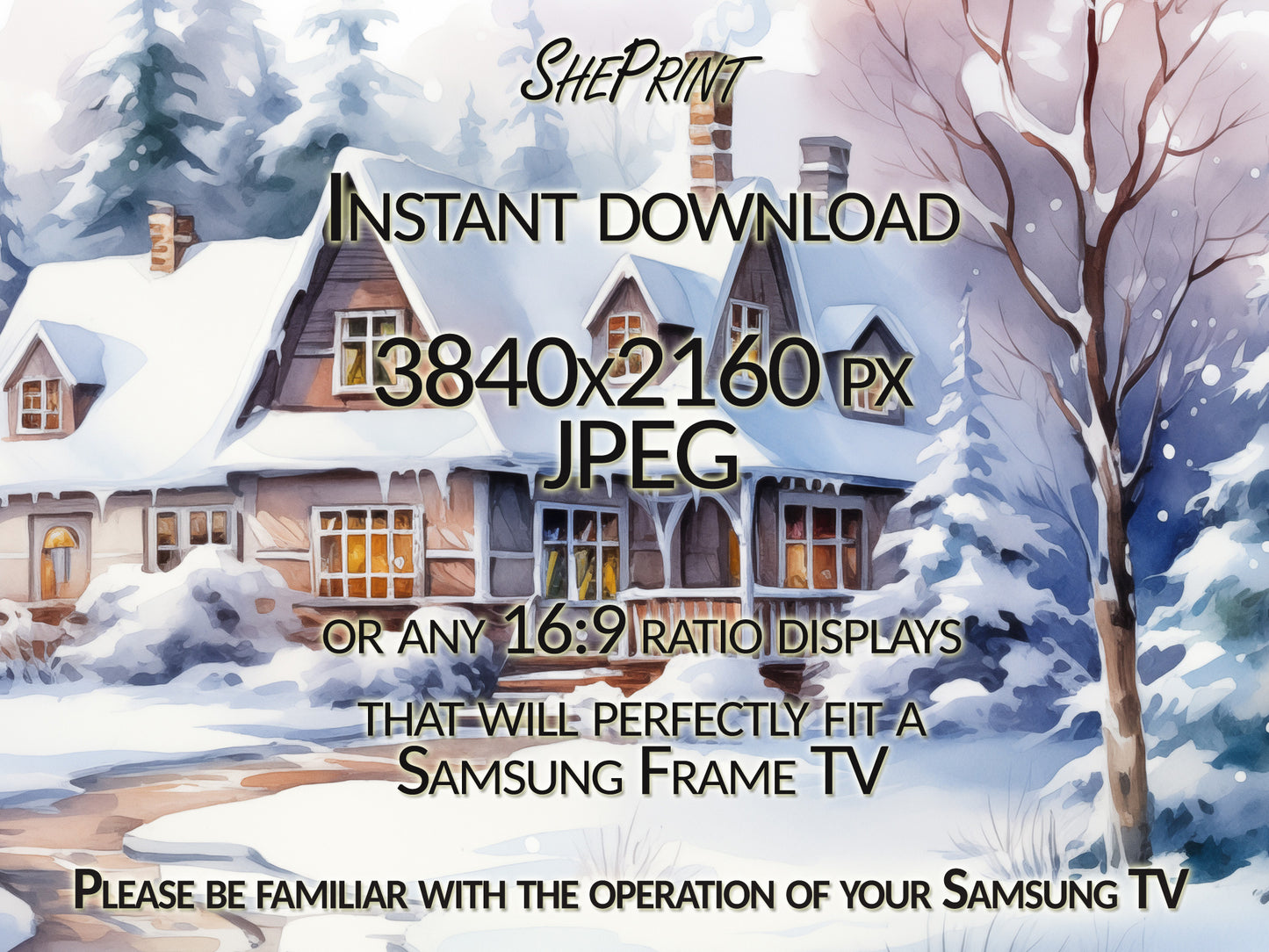 Christmas Frame TV Art | Winter Cottage On The Hill | Digital TV Art | Digital Watercolor Painting | Instant Download JPEG