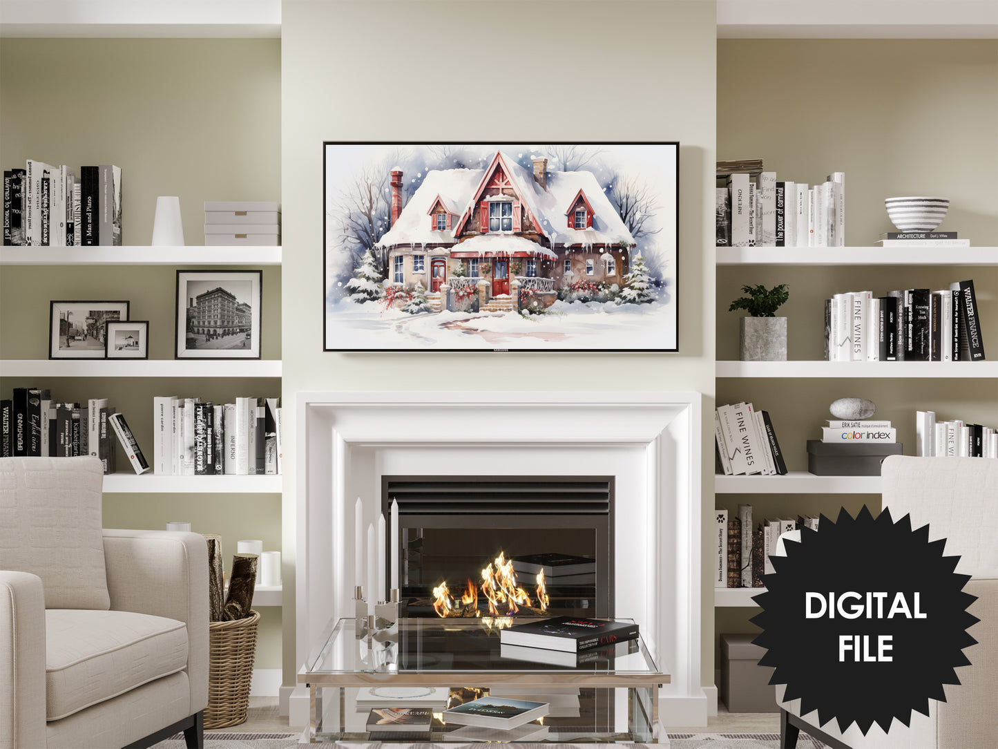 Christmas Frame TV Art | Festive Winter Cottage | Digital TV Art | Digital Watercolor Painting | Instant Download JPEG