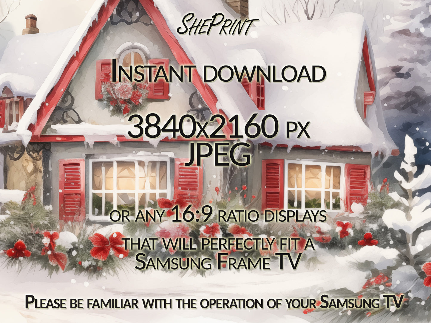 Christmas Frame TV Art | Christmas Winter Cottage | Digital TV Art | Digital Watercolor Painting | Instant Download JPEG