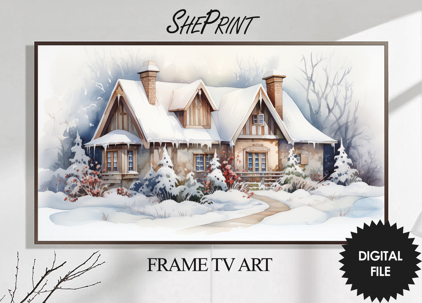 Christmas Frame TV Art | Charming Winter Cottage | Digital TV Art | Digital Watercolor Painting | Instant Download JPEG