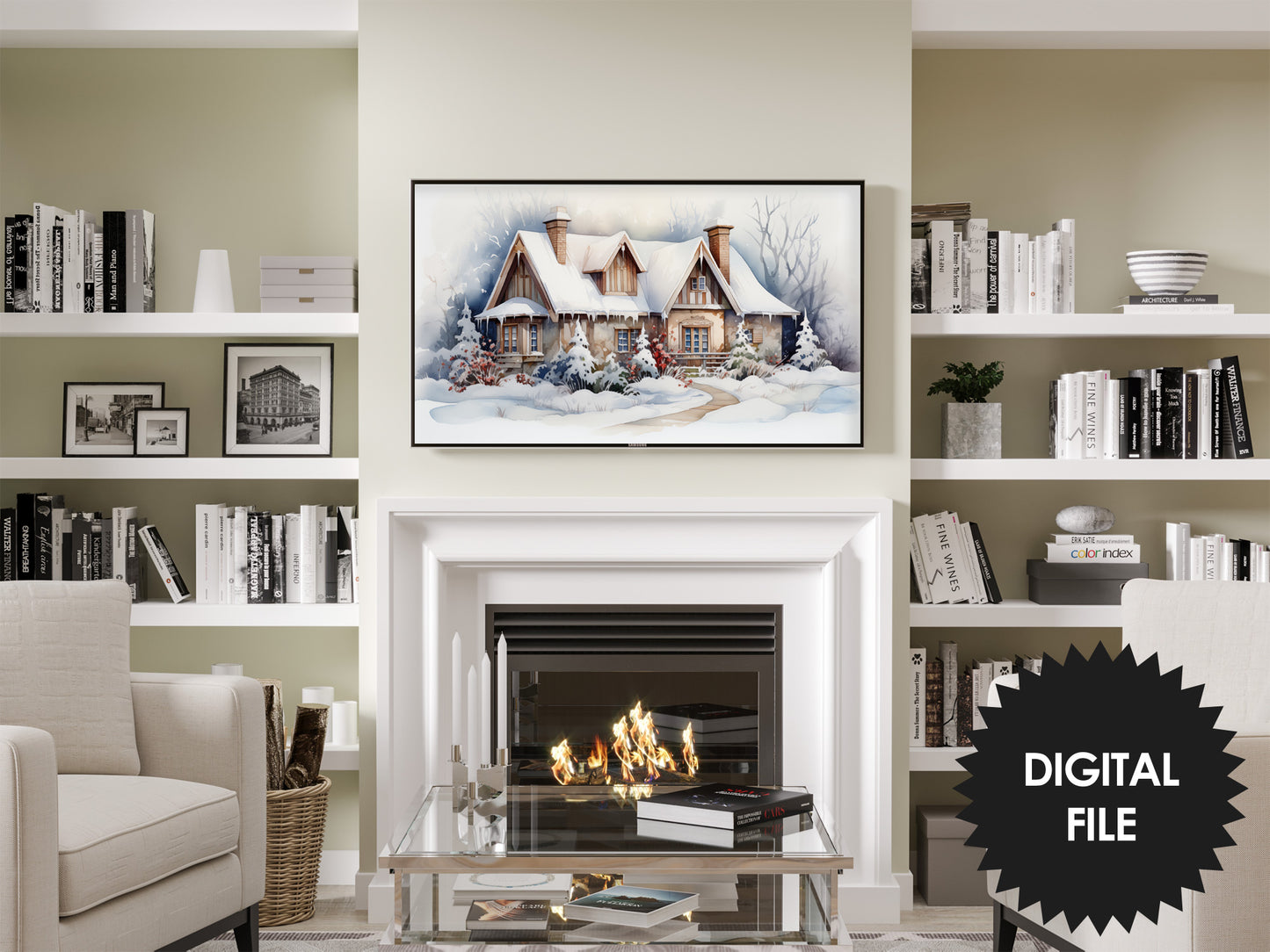 Christmas Frame TV Art | Charming Winter Cottage | Digital TV Art | Digital Watercolor Painting | Instant Download JPEG
