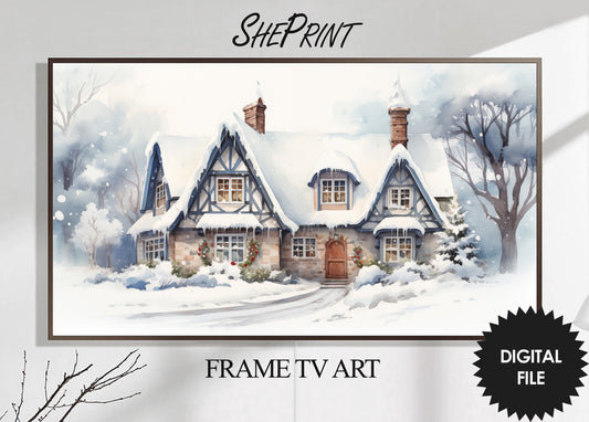 Christmas Frame TV Art | Country Winter Cottage | Digital TV Art | Digital Watercolor Painting | Instant Download JPEG