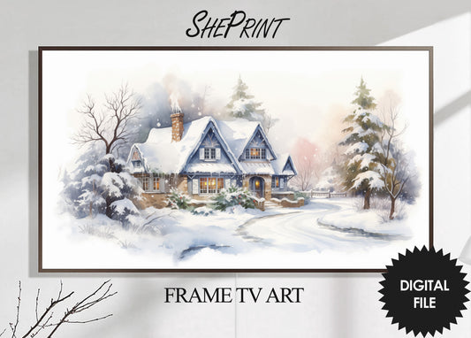 Christmas Frame TV Art | Beautiful Winter Cottage | Digital TV Art | Digital Watercolor Painting | Instant Download JPEG