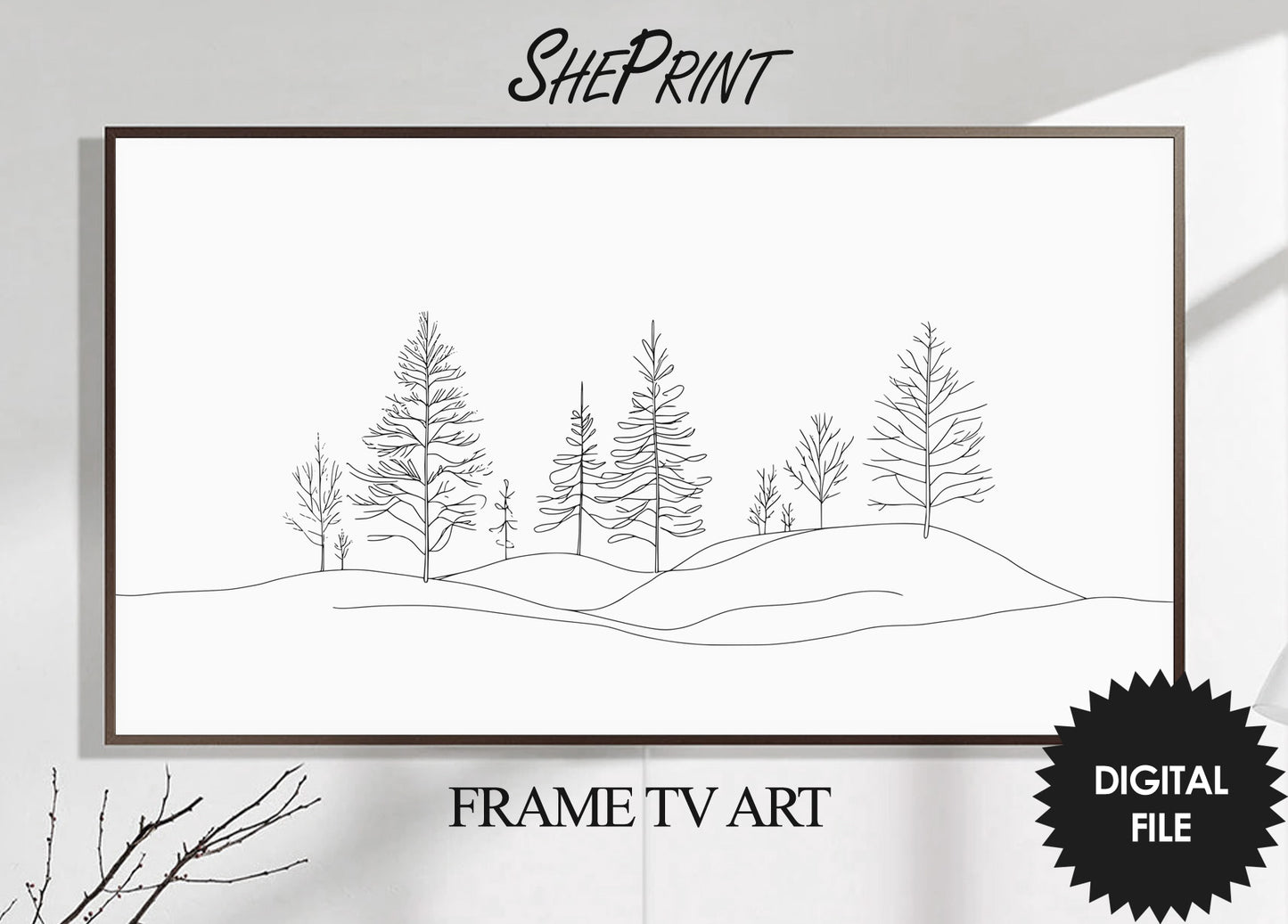 Samsung Frame TV Art Winter Forest Line Art, Minimalism, peview