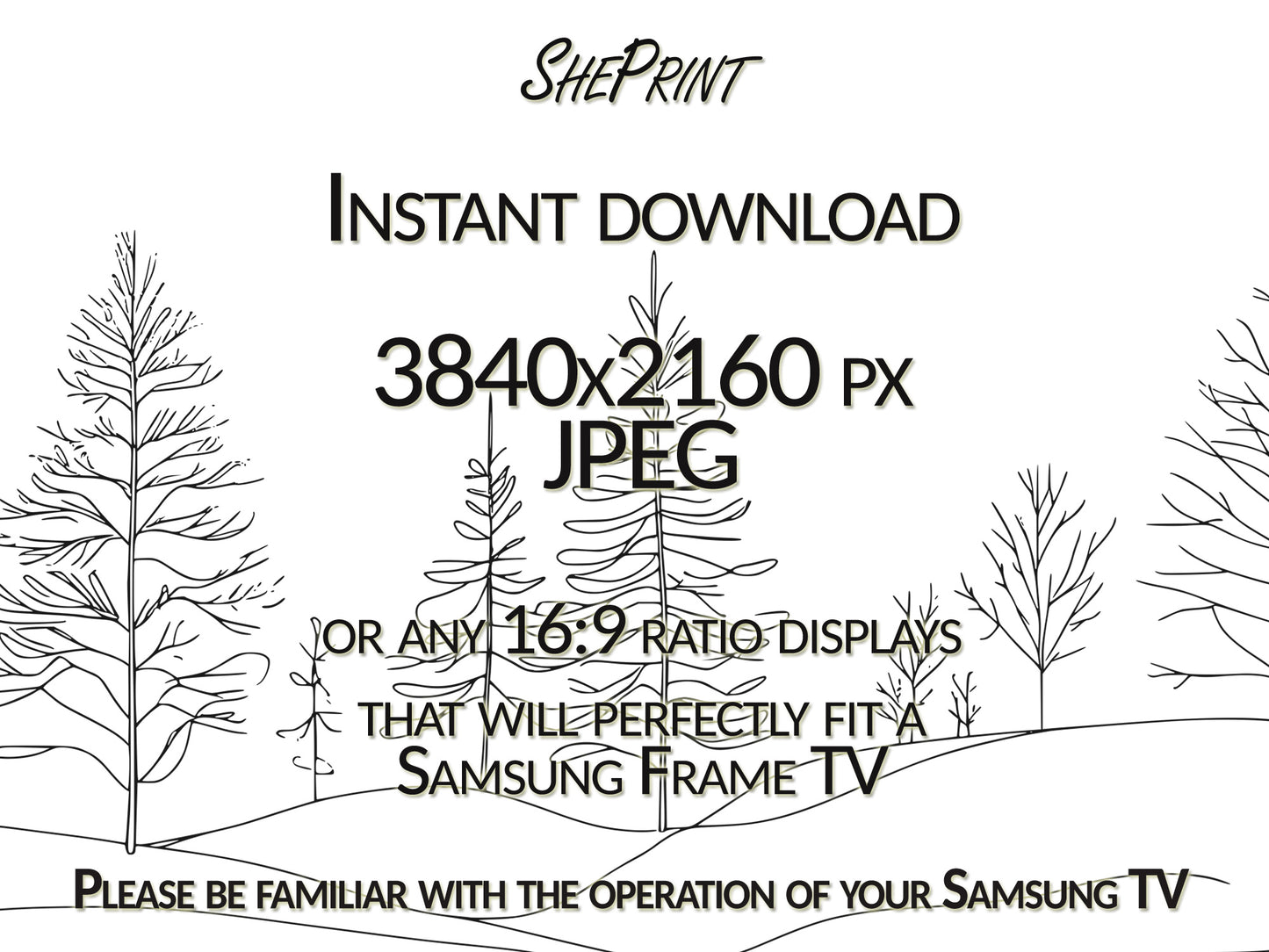 Samsung Frame TV Art Winter Forest Line Art, Minimalism, close up view