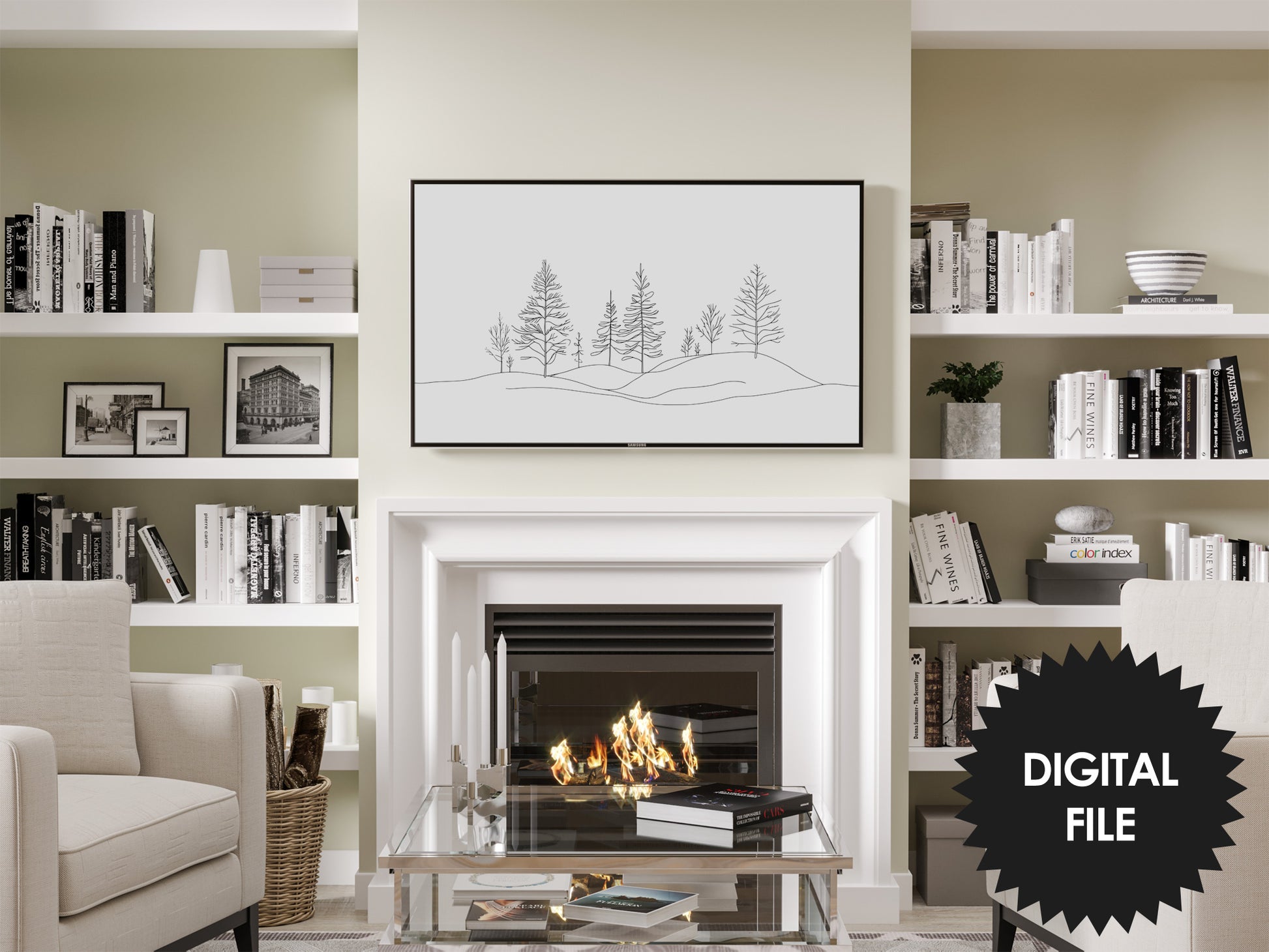 Samsung Frame TV Art Winter Forest Line Art, Minimalism, preview in modern living room