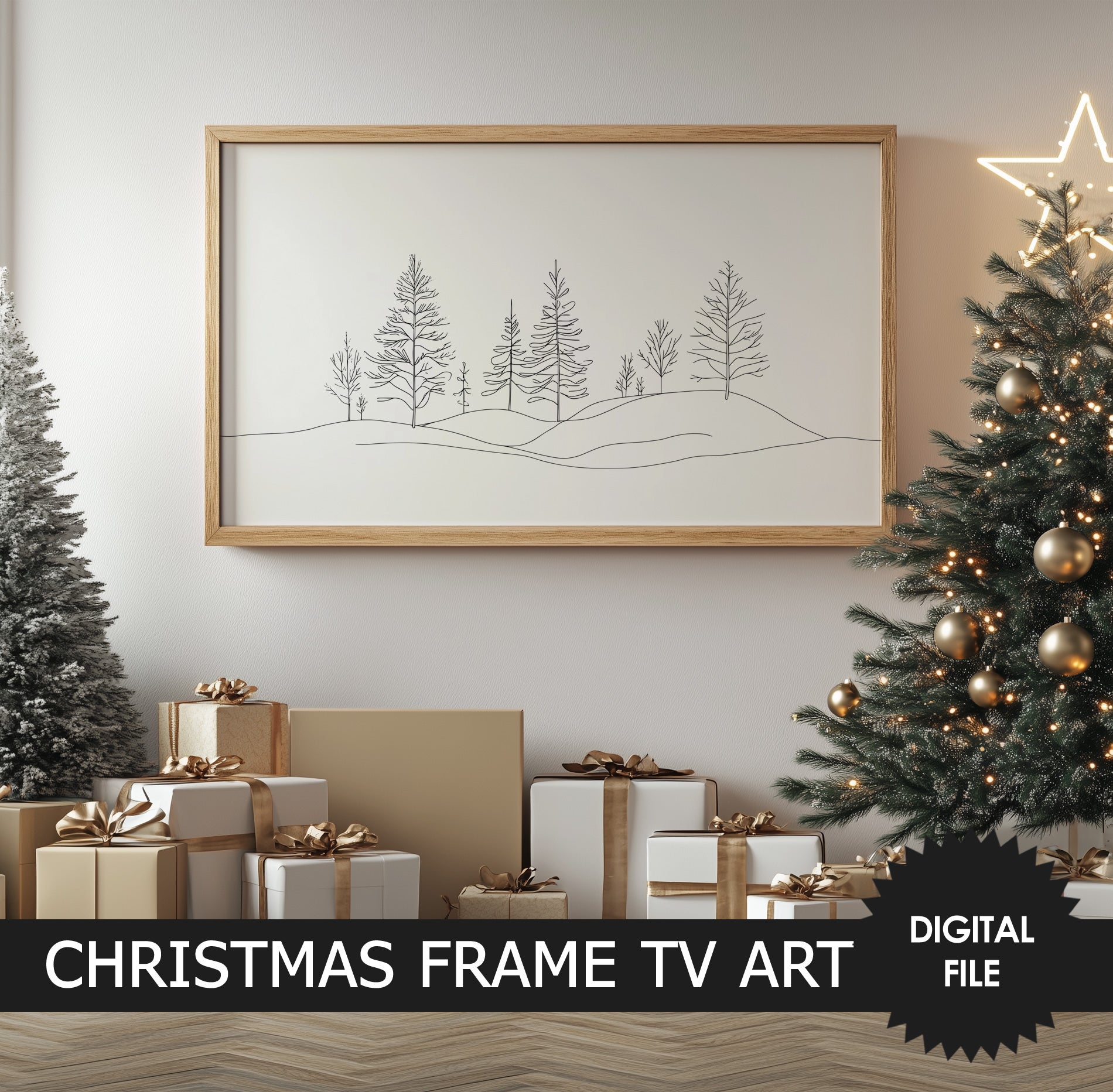 Samsung Frame TV Art Winter Forest Line Art, Minimalism, preview in rustic Christmas ambience