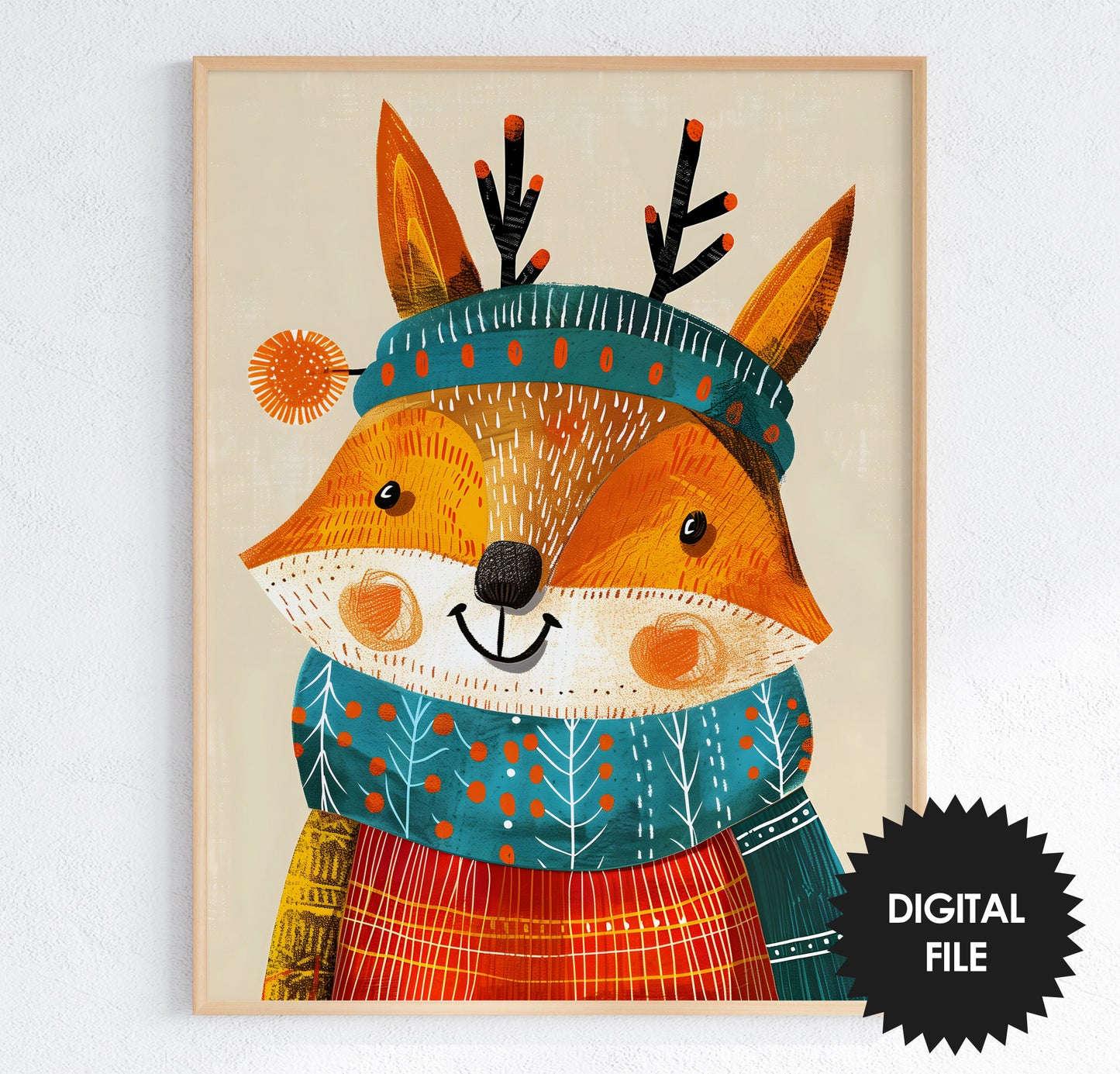 Nursery Wall Art, Winter Animals Kids Room Art, fox print preview colorful