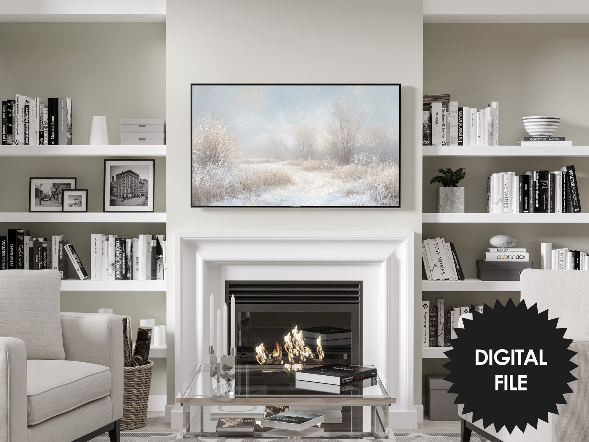 Frame TV Art Winter Landscape Painting preview in modern living room